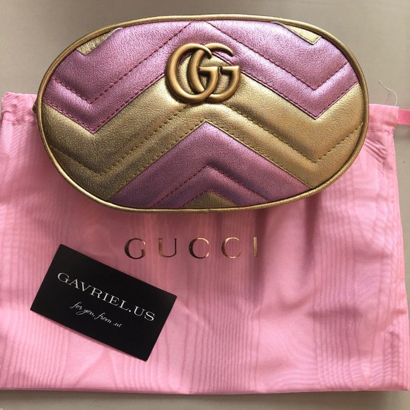 Gucci Gold Pink Metallic GG Marmont Belt bag For Sale at 1stDibs